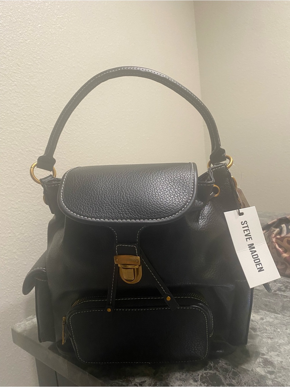 Steve Madden Black Leather Shoulder Backpack with Gold Hardware